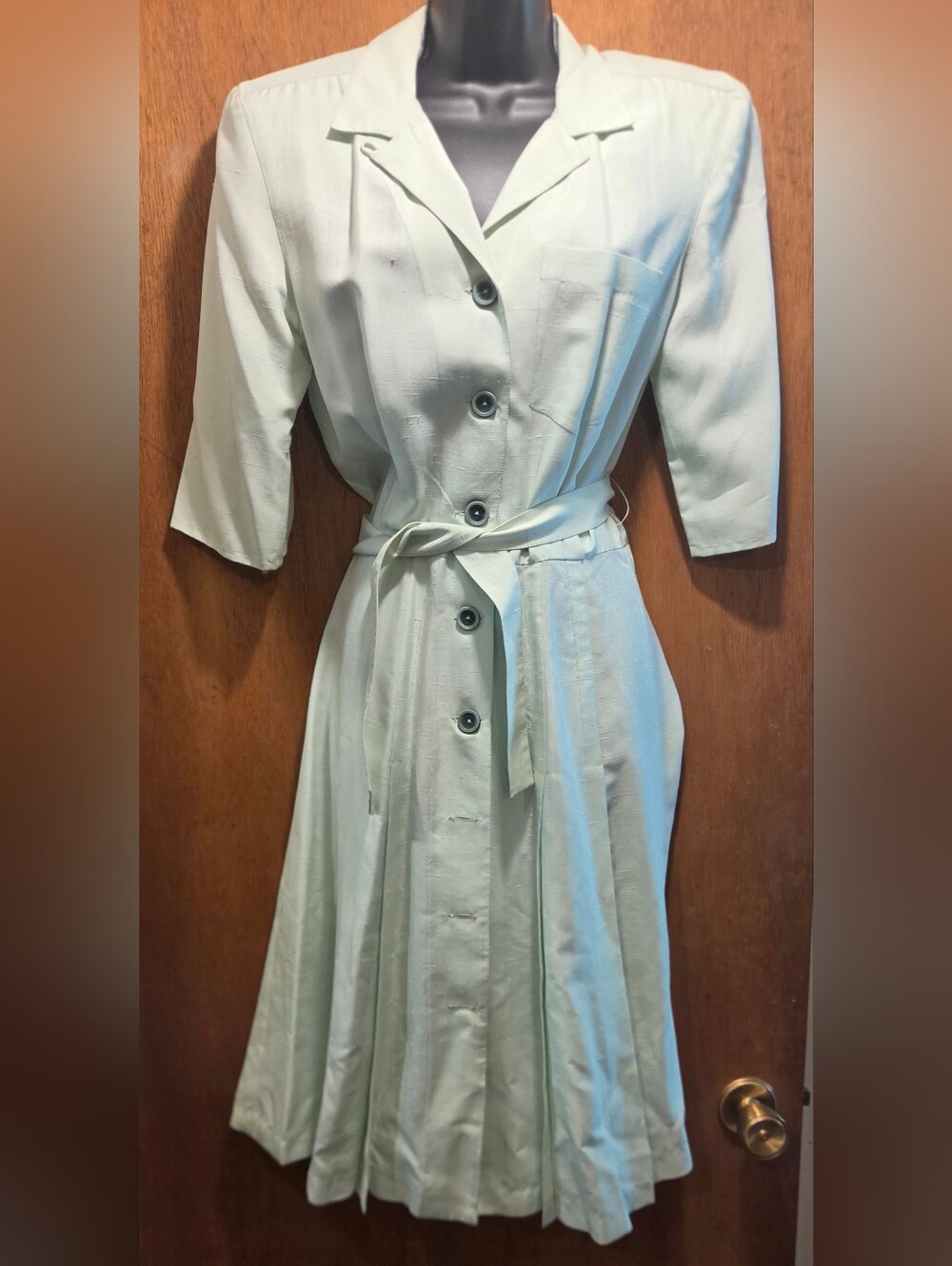 Button-Front Mint Vintage Handmade Silk/linen Midi Dress w/Self-Tie Waist Sz8/M